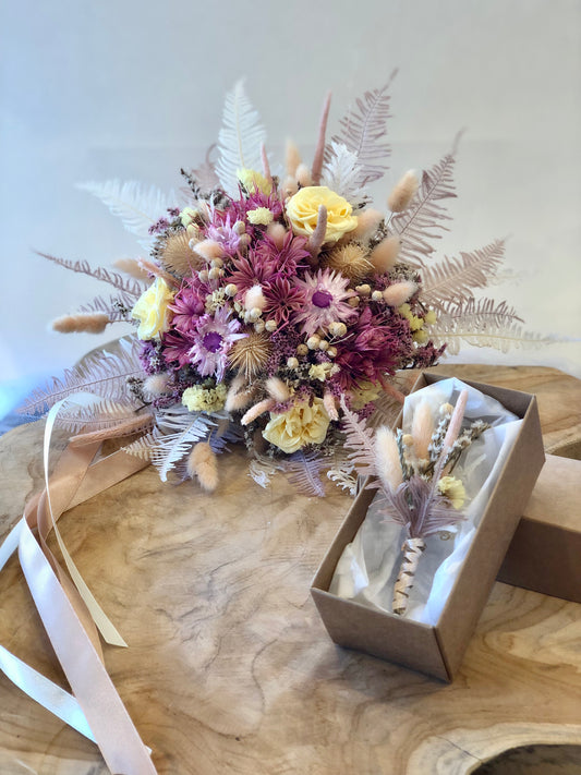 BOUQUET SOLEIL - Bouquet de mariée en fleurs intemporelles avec boutonnière offerte